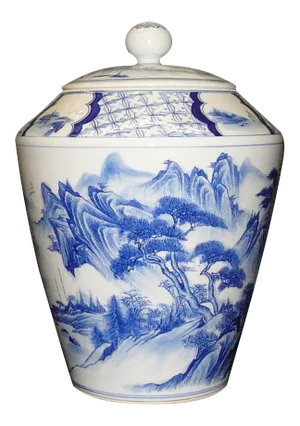 Chinese Porcelain Blue White Water Mountain Scenery Container