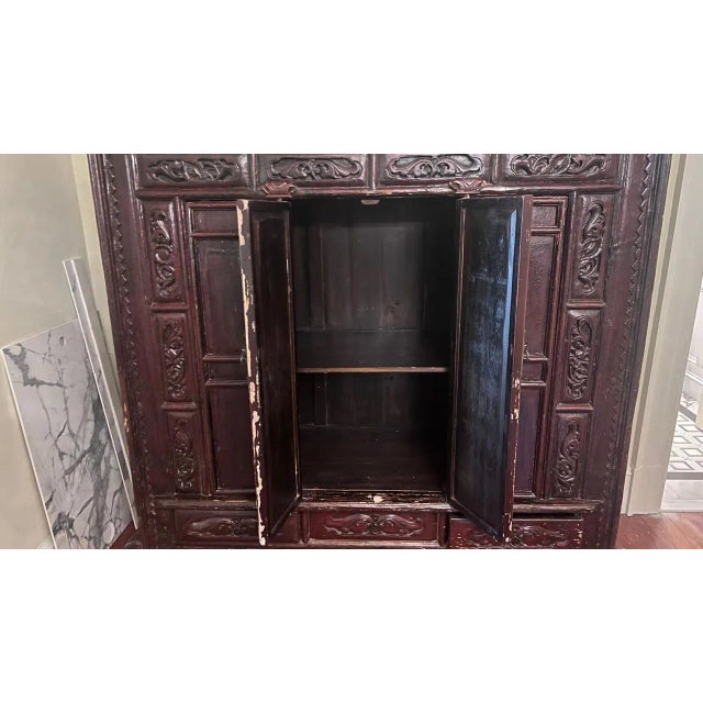 Late 20th Century Late 20th Century Monumental Chinese Style Carved Wood Wedding Cabinet With Timeworn Patina For Sale - Image 5 of 12