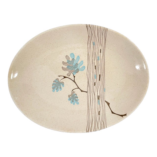 Mid 20th Century Modern Stoneware Platter With Blue Flowering Branch For Sale