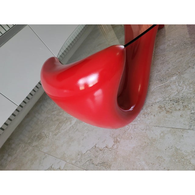 Red Modern Accent Table FreeForm Oval Glass Top Curved Legs For Sale - Image 10 of 11