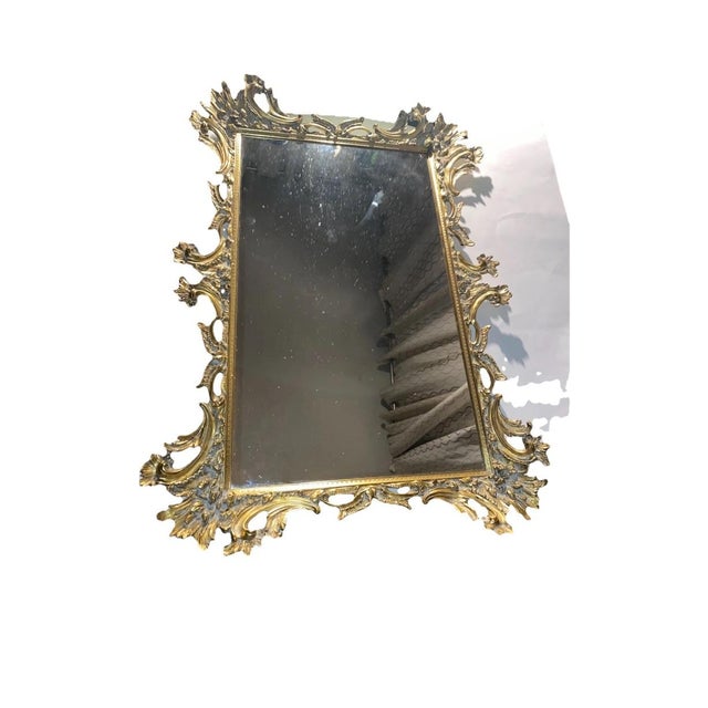 Rococo Ornate Gilt Metal Framed Mirrored Vanity Tray With Rococo-Detailing. Ornate Rococo-Style Gilded Cast Metal Table Mirror. For Sale - Image 3 of 11