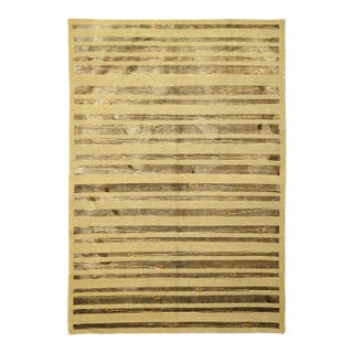Hand-Knotted Modern Tibetan Wool & Silk Geometric Rug in Gold & Olive Green For Sale