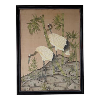Vintage Japanese Red-Crowned Cranes in Bamboo Garden Tropical Landscape Art Painted Silk Scroll For Sale