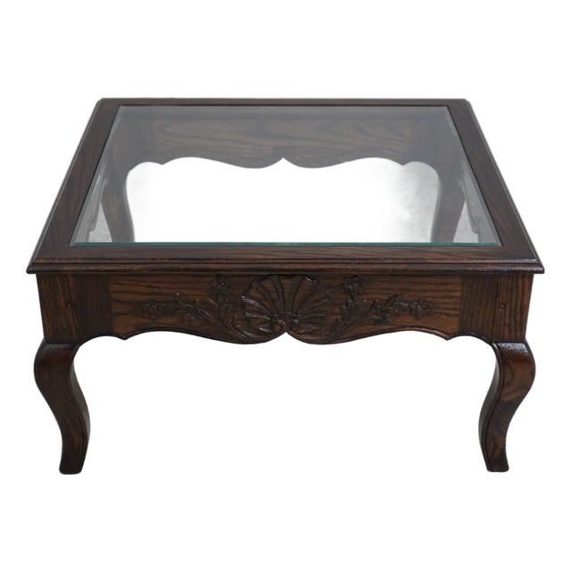 Country French Oak Coffee Table W. Glass Top For Sale