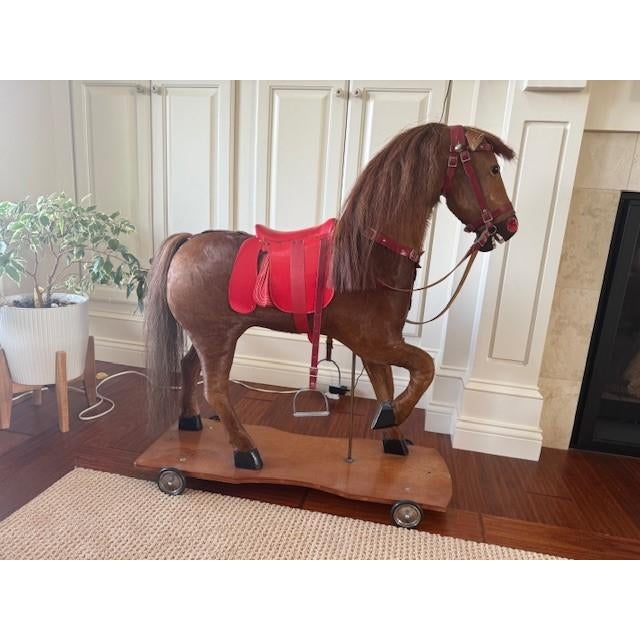 American Vintage Horsehide Hobby Horse Sculpture on Rolling Platform - Likely Nikolaus Klein, Chicago, C. 1930's-40's For Sale - Image 3 of 4