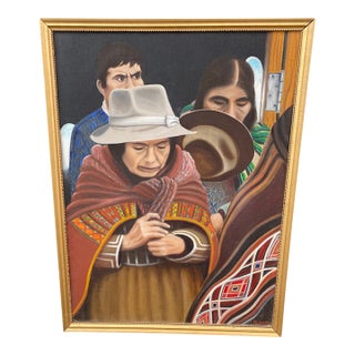 1960s Realistic Folk Art Original Painting of Indigenous People Signed Parrotts For Sale