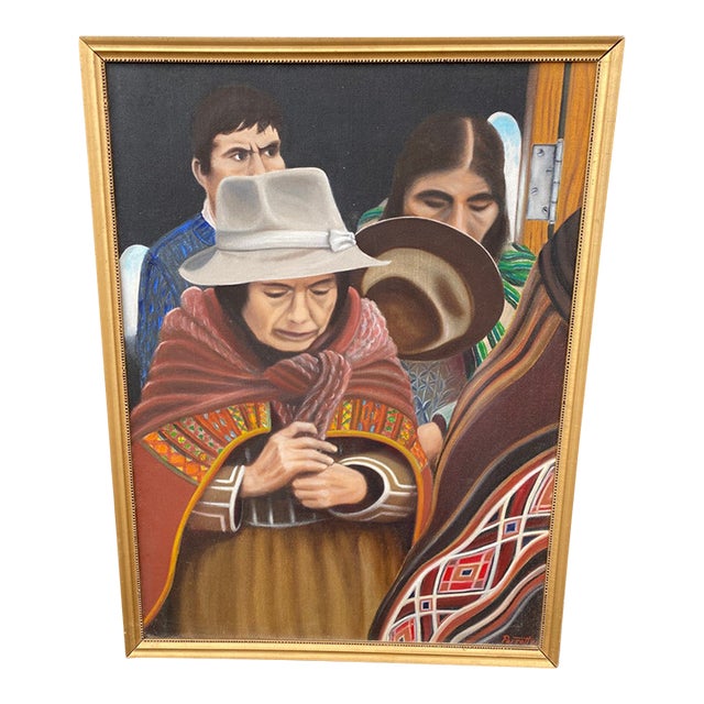 1960s Realistic Folk Art Original Painting of Indigenous People Signed Parrotts For Sale