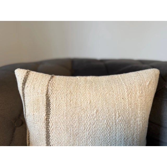 Boho Chic Vintage Turkish Hemp Pillow, Ivory White Single Stripe Cushion, Handwoven Anatolian Pillow With Insert, 16x16 In For Sale - Image 3 of 7