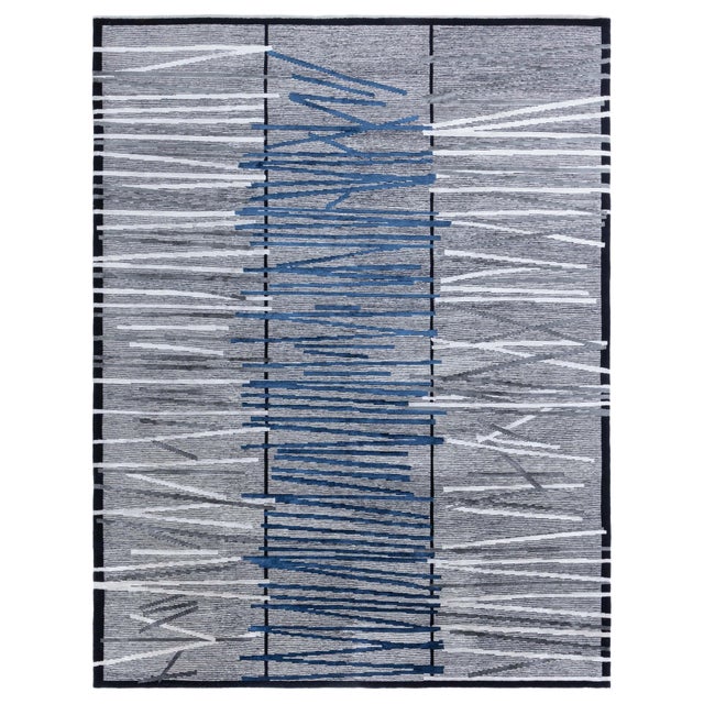 Modern Geometric Art Deco Wool & Silk Rug in Blue and Gray by Doris Leslie Blau For Sale