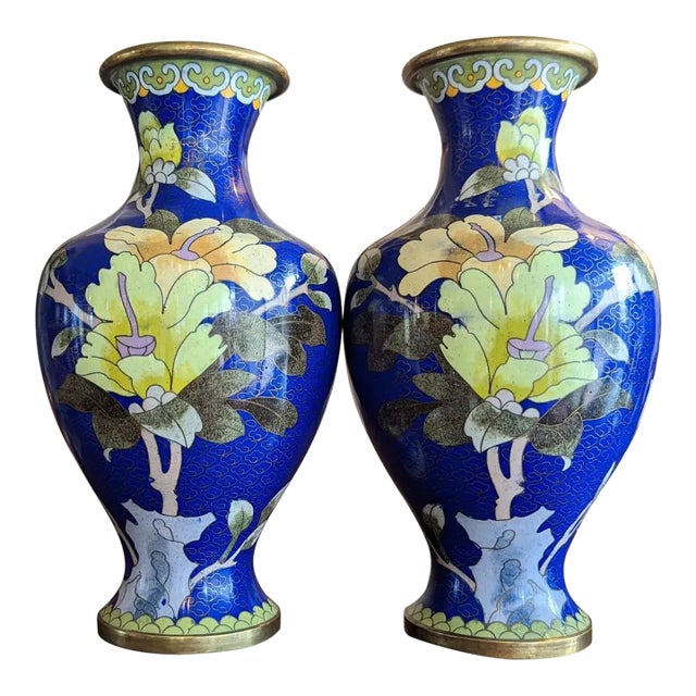 Vintage Signed Zi Jin Cheng Chinese Cloisonne Enamel Brass Vases in Dark Blue Floral - A Pair For Sale