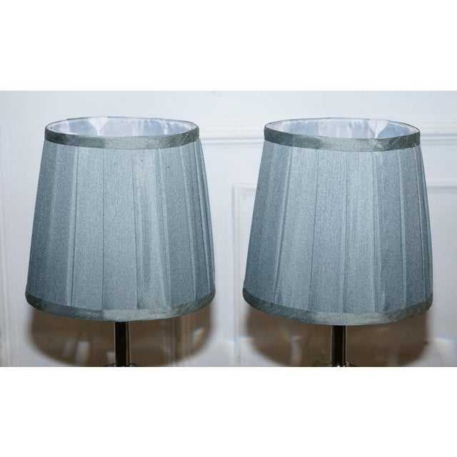 Gold Diamond Glass on Stainless Steel Base Table Lamps with Baby Blue Shades, Set of 2 For Sale - Image 8 of 10