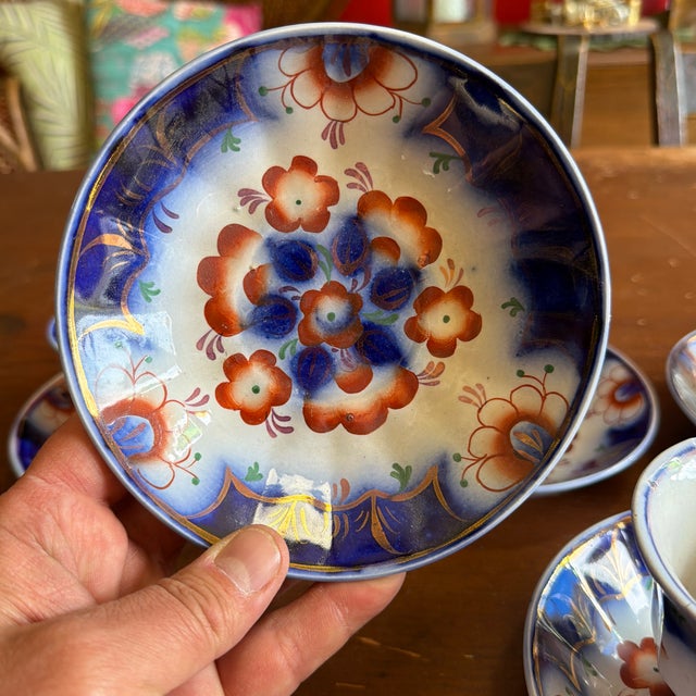 Blue Antique Gaudy Welsh Crescent Pinwheel Flow Blue Cups & Saucers, Set of 5, Circa 1840s For Sale - Image 8 of 12