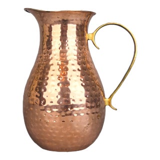 Vintage Hand Hammered Copper Pitcher With Brass Tone Handle For Sale