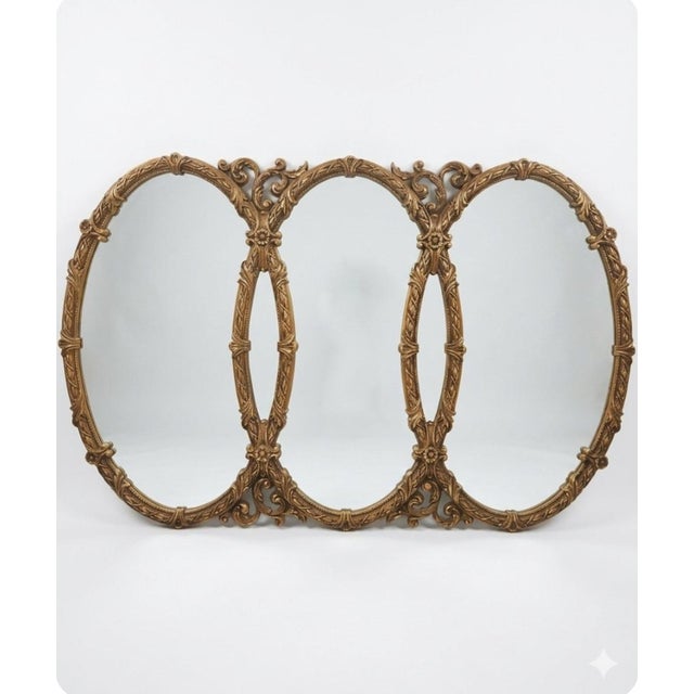 Hollywood Regency Vintage Oval Ornate Triple Hollywood Regency Triptych Glamour Wall Mirror For Sale - Image 3 of 10
