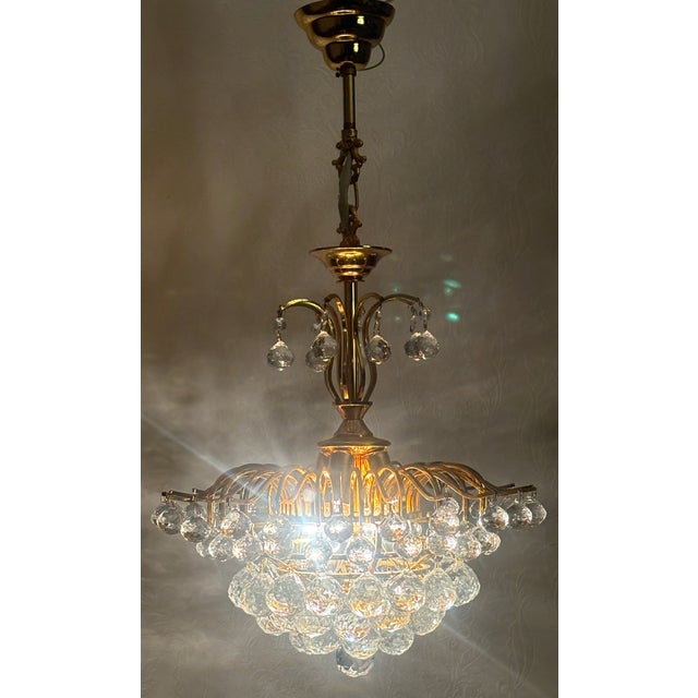 1980s Brass and Crystal Ball 4-Light Chandelier, 1980s For Sale - Image 5 of 15