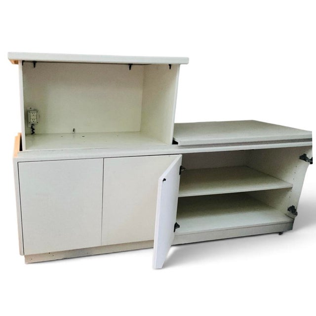 Late 20th Century Contemporary Painted Raffia Motorized Lift Bar Cabinet | Illuminated Entertaining Credenza | Hidden Cocktail Station For Sale In Los Angeles - Image 6 of 15