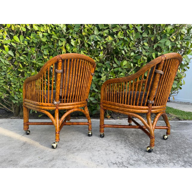 Wood Vintage Burnt Bamboo Rattan & Cane Lounge Chairs on Casters, a Pair For Sale - Image 7 of 12