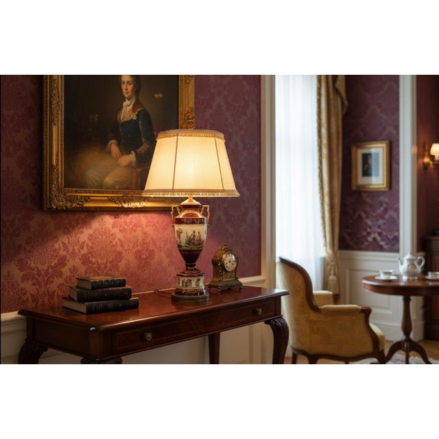 Vintage Fragonard-Style Porcelain Urn Lamp in Burgundy & Gold Gilt For Sale - Image 10 of 10