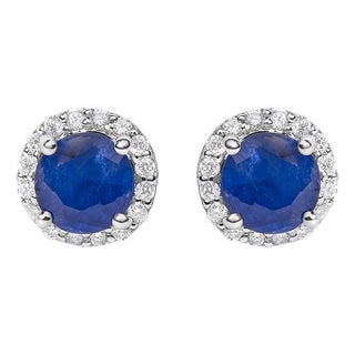 10K White Gold Blue Sapphire and 1/6 Cttw Diamond Halo Stud Earring For Sale