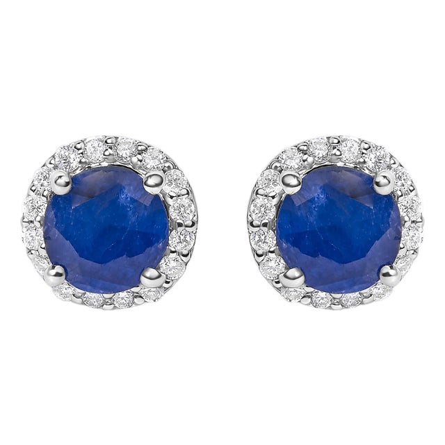 10K White Gold Blue Sapphire and 1/6 Cttw Diamond Halo Stud Earring For Sale