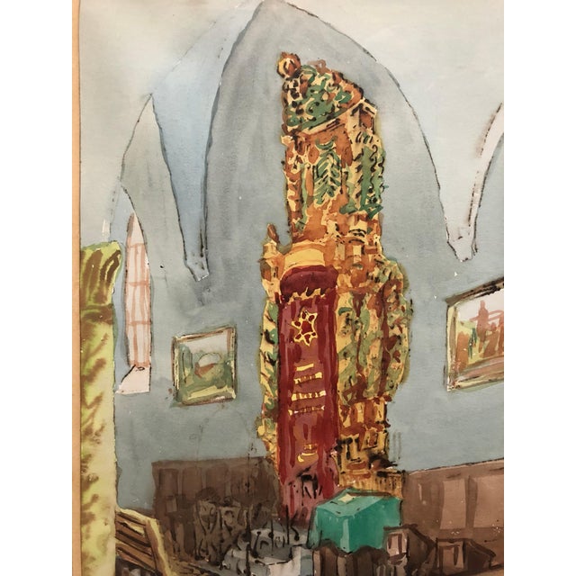 Zvi Ehrman, Israeli Modernist Safed Synagogue Interior Folk Art Watercolor Painting For Sale - Image 4 of 6