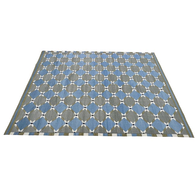 Not Yet Made - Made To Order Handwoven Cotton Area Rug, Grey, Sky Blue, Green and Cream Geometric Dhurrie - 8'x10' For Sale - Image 5 of 13