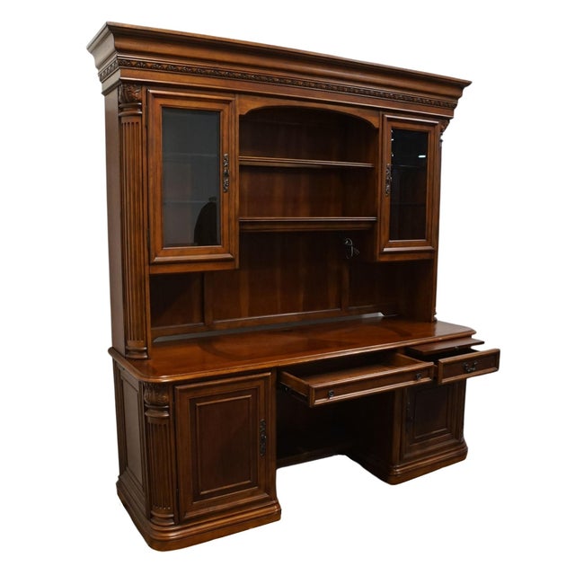 Wood High End Cherry Contemporary Traditional Style 80" Computer Desk / Credenza W. Storage Display Hutch For Sale - Image 7 of 12
