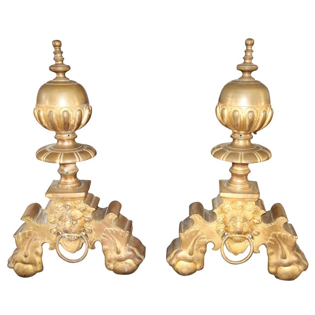19th Century Continental Antique Doré Bronze Andirons with Lion Motifs - A Pair For Sale - Image 5 of 18