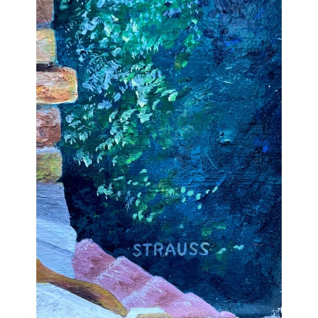 1980s Contemporary Framed Rooftop Landscape Acrylic Painting, Signed Strauss For Sale - Image 4 of 13