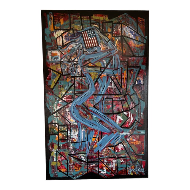 Large Original Jonas Fisch Painting – Contemporary Abstract Figurative W/ American Flag – 48x30 Signed For Sale