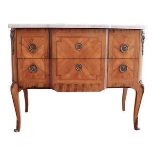 French Transitional Marquetry Commode With Marble Top For Sale