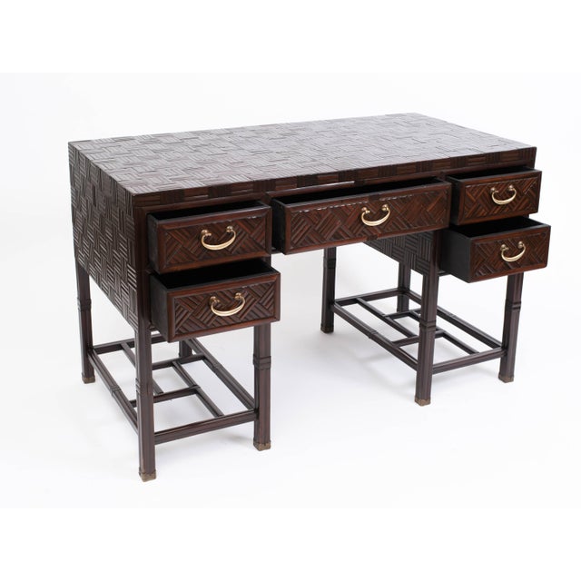 Mid-Century Modern 1960's Anglo Chinese Bamboo Parquet Hardwood Campaign Desk For Sale - Image 3 of 11