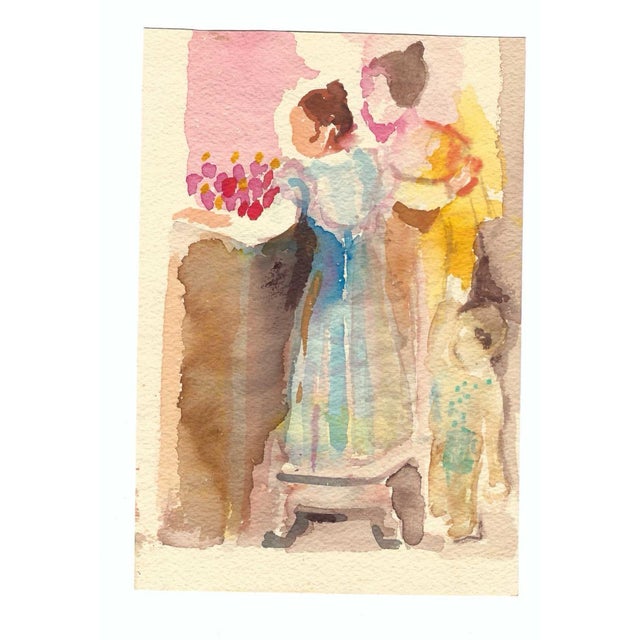 1950s watercolor on paper of ladies in dresses and a child at a flower market. Unsigned. Combined shipping available,...