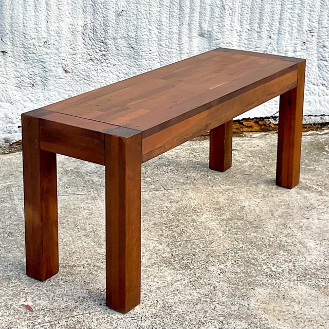 Vintage Boho Wood Block Parsons Console Table | Chairish