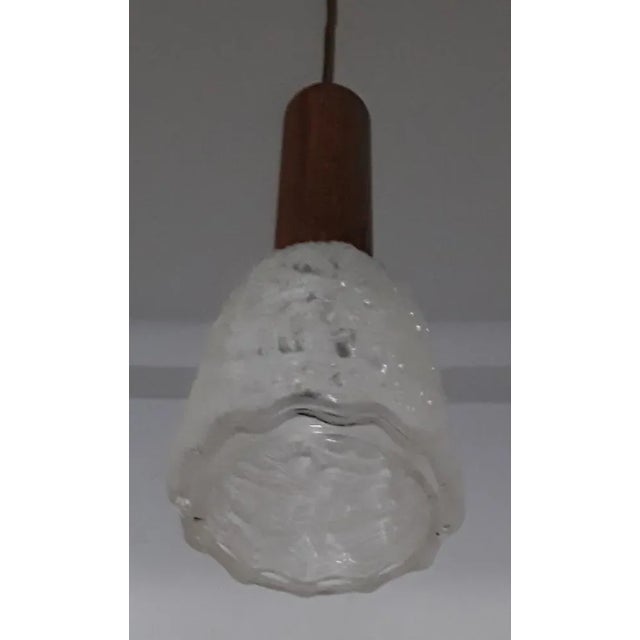 Ceiling Lamp with Frosted Relief Glass Shade & Teak Veneered Mount, 1960s For Sale - Image 3 of 5