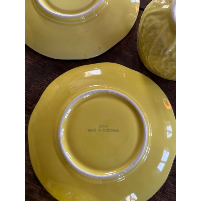 Photography Vintage Secla Cabbage Ware Citron Yellow Majolica Cup and Saucer For Sale - Image 7 of 12