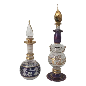 Vintage Gold Gilt Purple Egyptian Blown Glass Perfume Bottles - a Pair