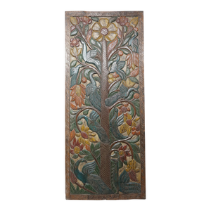 Colorful Tree of Life Hand-Carved Wooden Door Panel – Vintage Wellness Wall Art 84x36