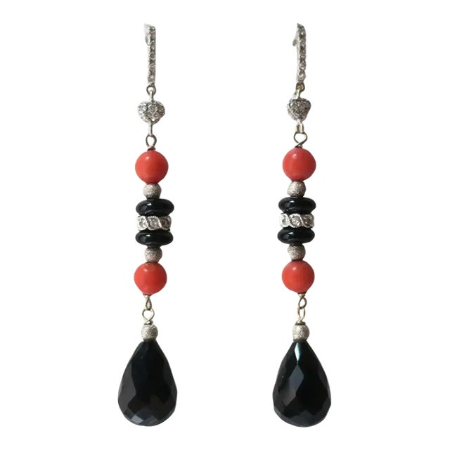 Italian Diamond Coral and Black Onyx Dangle Earrings, Pair For Sale