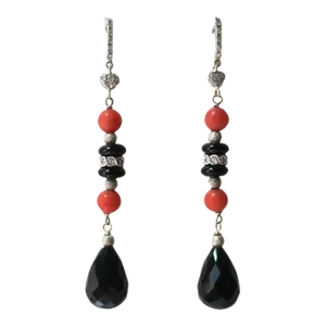 Italian Diamond Coral and Black Onyx Dangle Earrings, Pair