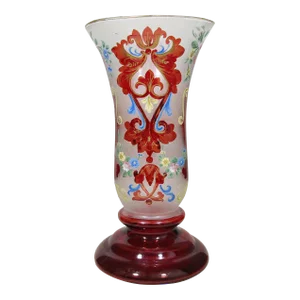 Vintage 1960s Hand-Painted Ruby Red Bohemian Glass Vase, Gold Trim