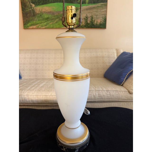 Mid 20th Century Mid 20th Century White Frosted Glass Lamps With Gilt Highlights - A Pair For Sale - Image 5 of 7