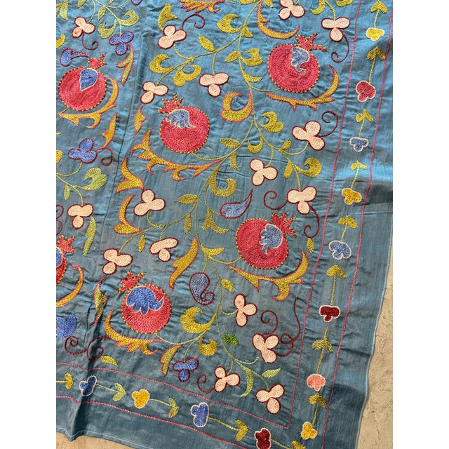 Mid-Century Modern Blue Silk Suzani Wall Decor With Red Pomegranates For Sale - Image 3 of 10