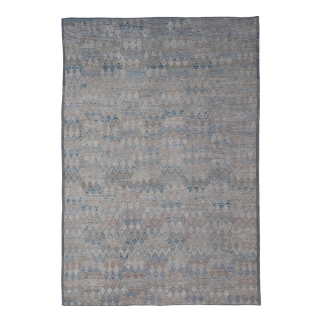 Oversized Modern Casual All-Over Diamond Design in Blue, Taupe, and Cream 13'10 X 19'10 For Sale