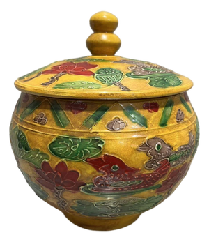 Yellow Ground Raised Enamel Mandarin Duck & Lotus Porcelain Lidded Jar, Chinoiserie Canister