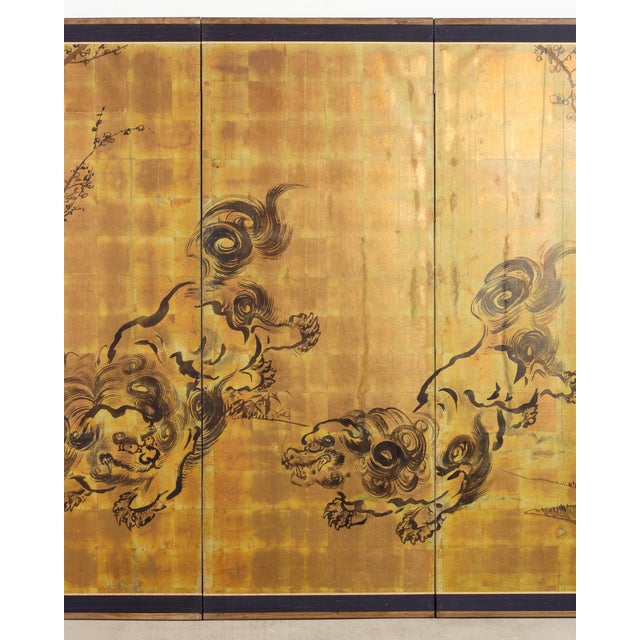 Mid 20th Century Japanese Showa Four Panel Screen Pair of Karashishi Foo Dogs For Sale - Image 4 of 18