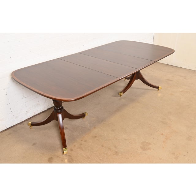Baker Furniture Style Georgian Banded Mahogany Double Pedestal Extension Dining Table, Newly Refinished For Sale - Image 12 of 12