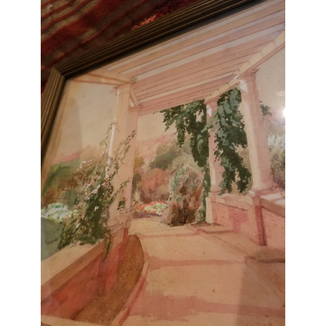 Great looking antique watercolor painting of columns and greenery and a curved walkway with overhead trellis. This has a...
