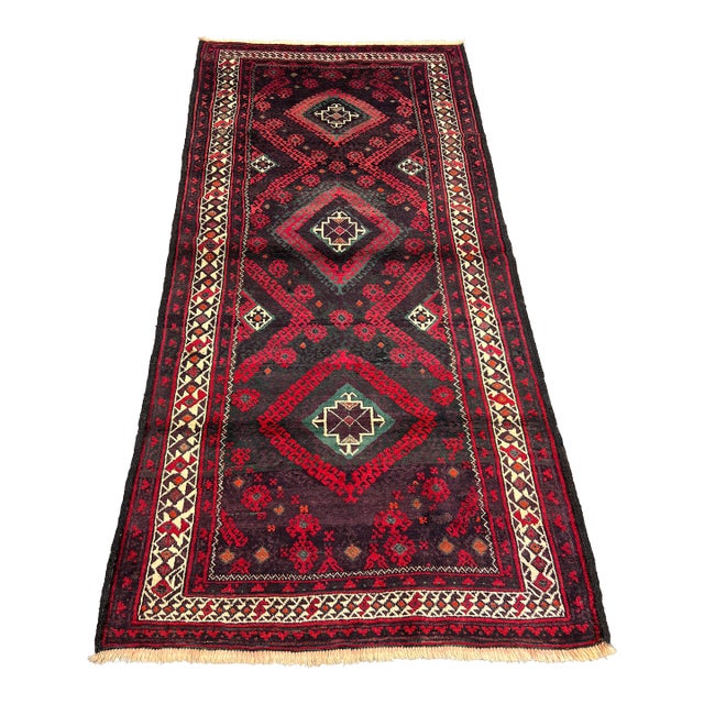 Vintage Afghan Hand-Knotted Wool Runner Rug | Tribal Red & Black Geometric Rug For Sale