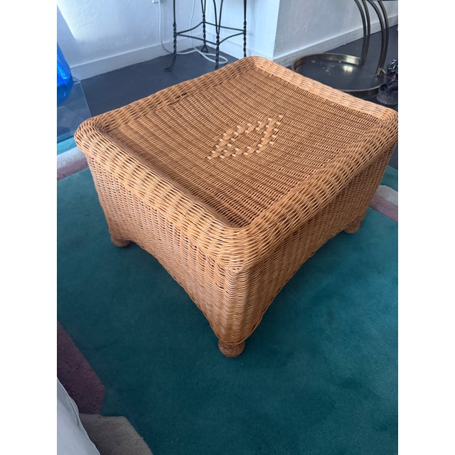A gorgeous, versatile vintage 1960s handcrafted natural wicker ottoman / low-profile coffee table. Perfectly channeling a...